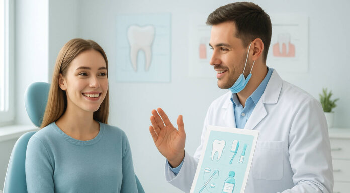 Kobieta u dentysty ze zdrowym uśmiechem po skalingu, usuwaniu kamienia