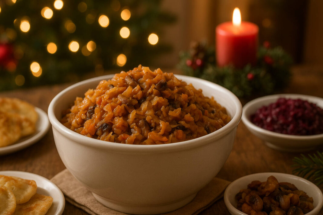 Wegetariański bigos w misce na wigilijnym stole