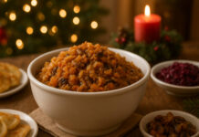 Wegetariański bigos w misce na wigilijnym stole