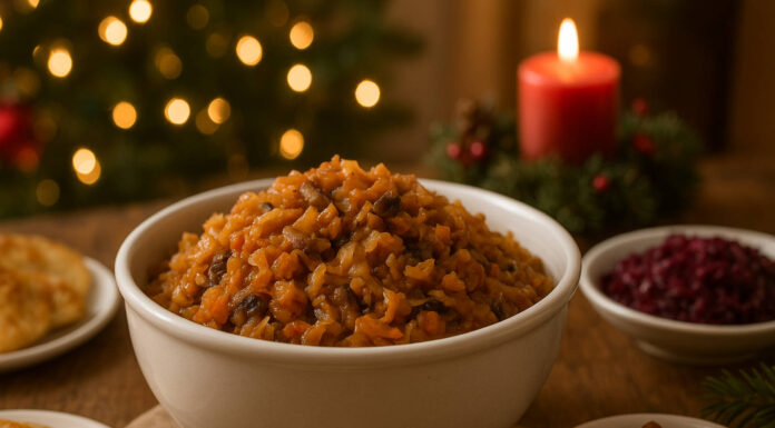 Wegetariański bigos w misce na wigilijnym stole