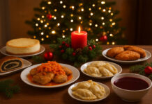 Wigilijny stół z daniami - barszczem, sernikiem, makowcem, karpiem i pierogami w kontekście kaloryczności tych potraw