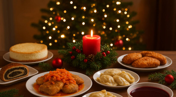 Wigilijny stół z daniami - barszczem, sernikiem, makowcem, karpiem i pierogami w kontekście kaloryczności tych potraw