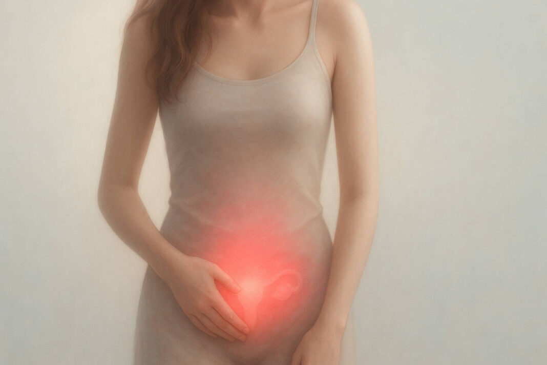 Kobieta z zaznaczonym kolorem obszarem intymnym, w kontekście zapalenia jajników
