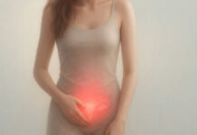 Kobieta z zaznaczonym kolorem obszarem intymnym, w kontekście zapalenia jajników