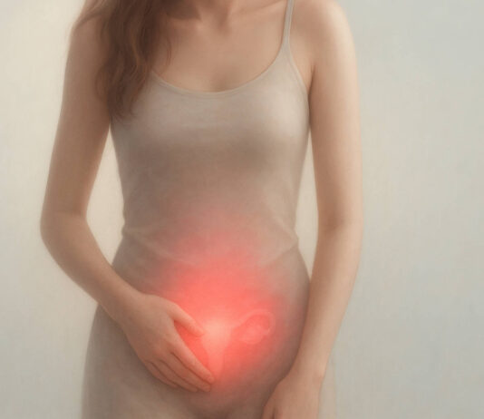 Kobieta z zaznaczonym kolorem obszarem intymnym, w kontekście zapalenia jajników