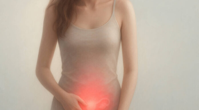Kobieta z zaznaczonym kolorem obszarem intymnym, w kontekście zapalenia jajników
