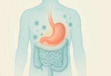 Rysunek anatomiczny ludzkiego ciała z zaznaczonym żołądkiem, kontekst grypy żołądkowej