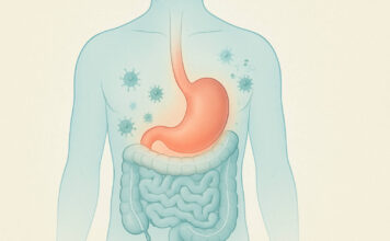 Grypa żołądkowa – jak ją odróżnić od zatrucia pokarmowego? Rysunek anatomiczny ludzkiego ciała z zaznaczonym żołądkiem, kontekst grypy żołądkowej