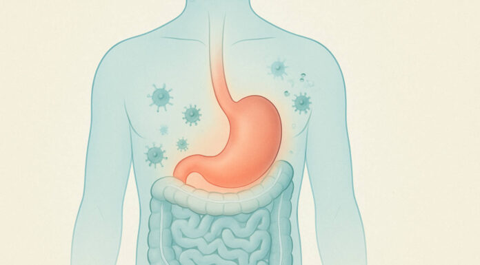 Rysunek anatomiczny ludzkiego ciała z zaznaczonym żołądkiem, kontekst grypy żołądkowej