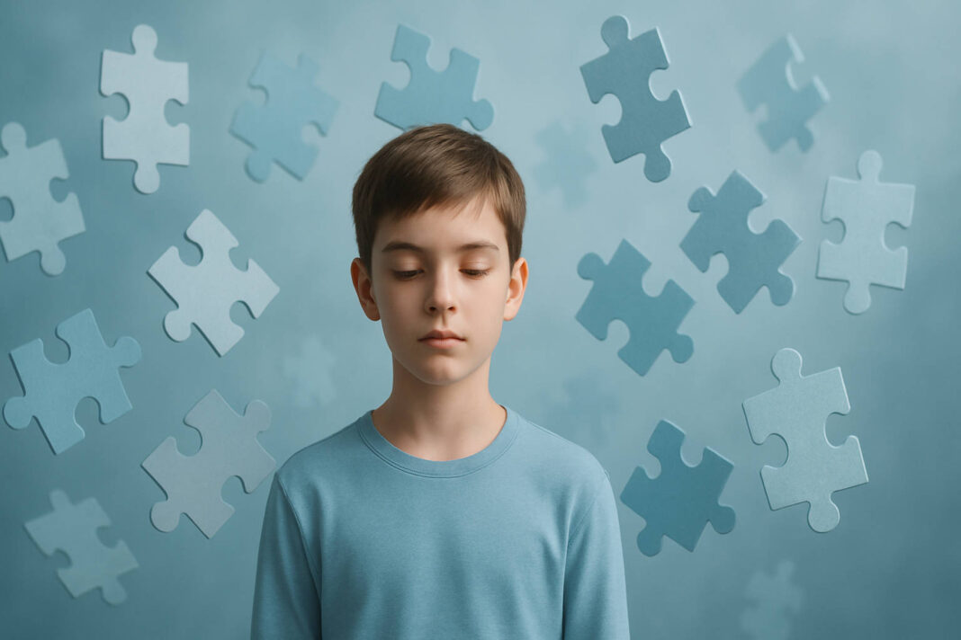 Dziecko, dookoła świat w puzzlach, symboliczne przedstawienie zespołu Aspergera