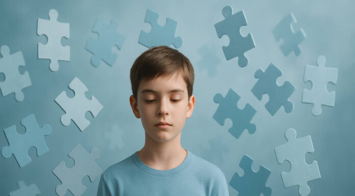 Dziecko, dookoła świat w puzzlach, symboliczne przedstawienie zespołu Aspergera