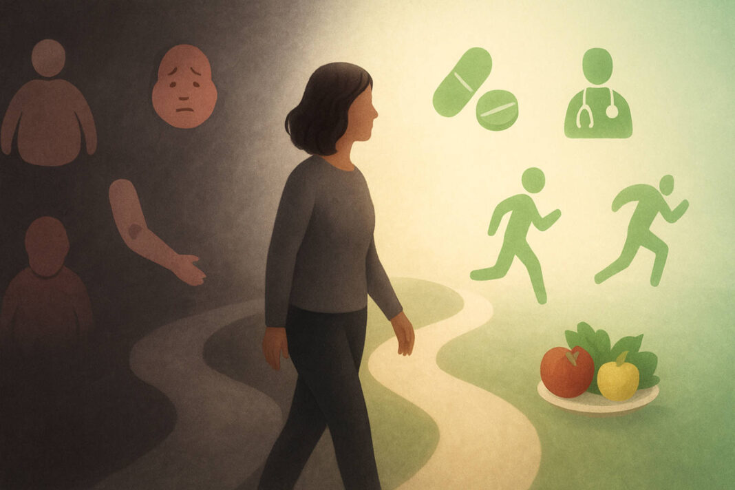 Ilustracja symbolizująca objawy i zalecenia przy zespole cushinga