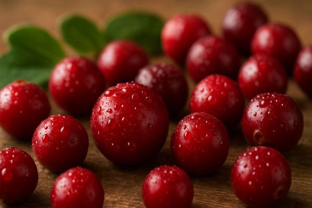 Owoce żurawiny pokryte kroplami wody