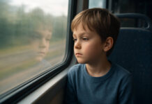 Chłopiec z chorobą lokomocyjną podczas podróży patrzący za szybę