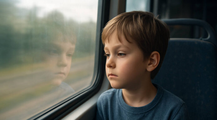 Chłopiec z chorobą lokomocyjną podczas podróży patrzący za szybę