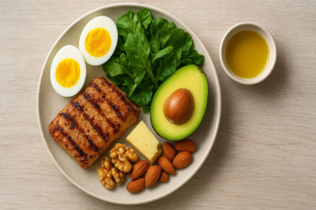 Produkty polecane przy diecie Atkinsa ułożone w kompozycję na talerzu