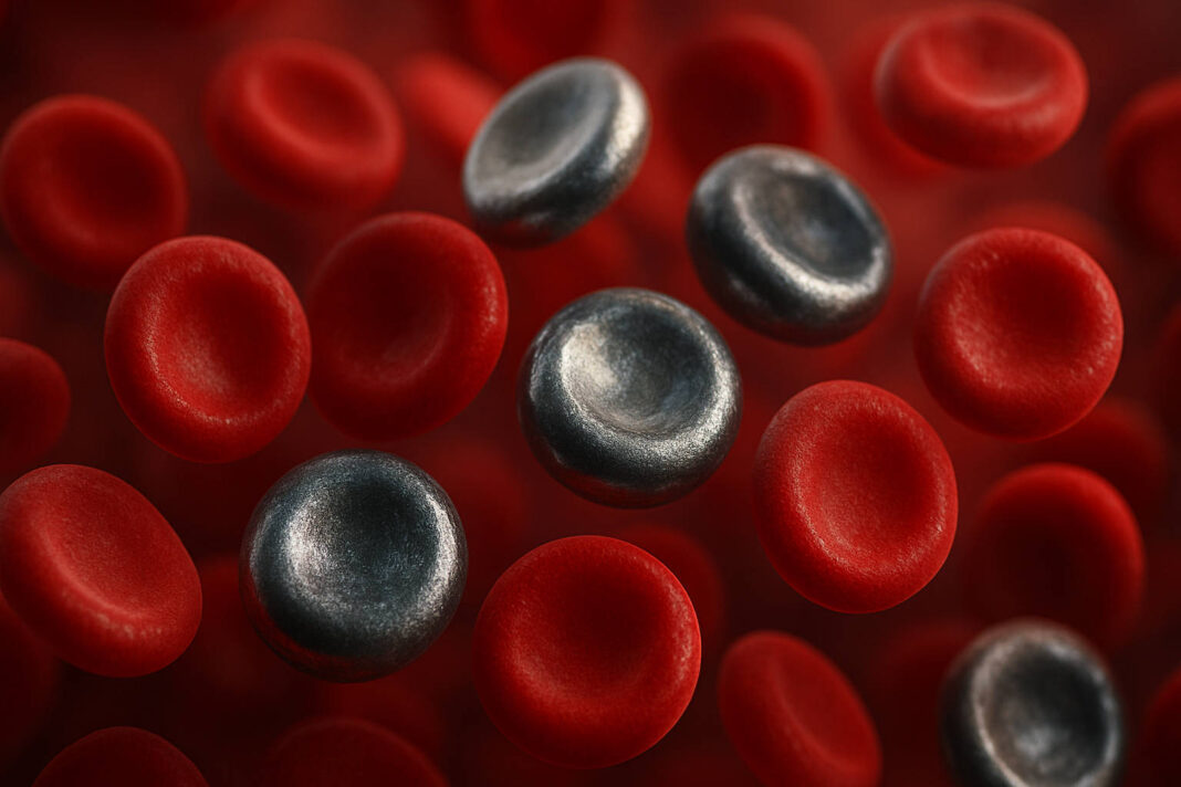 Ilustracja w zbliżeniu krwinek i żelaza we krwi w kontekście hemochromatozy