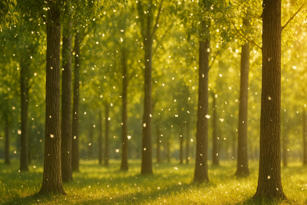 Pyłki topoli i las w tle