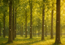 Pyłki topoli i las w tle