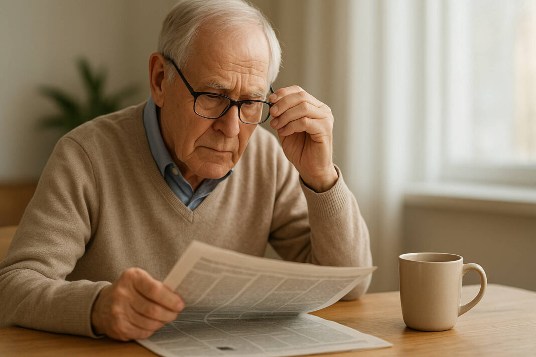 Starszy mężczyzna z krótkowzrocznością, pochylający się nad gazetą, próbując przeczytać tekst