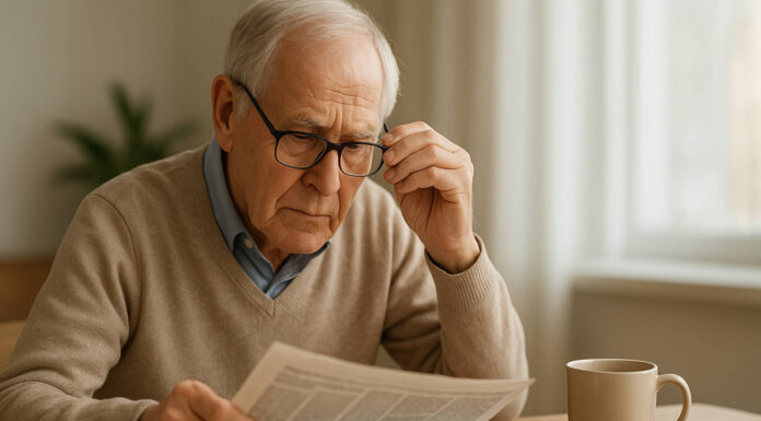 Starszy mężczyzna z krótkowzrocznością, pochylający się nad gazetą, próbując przeczytać tekst