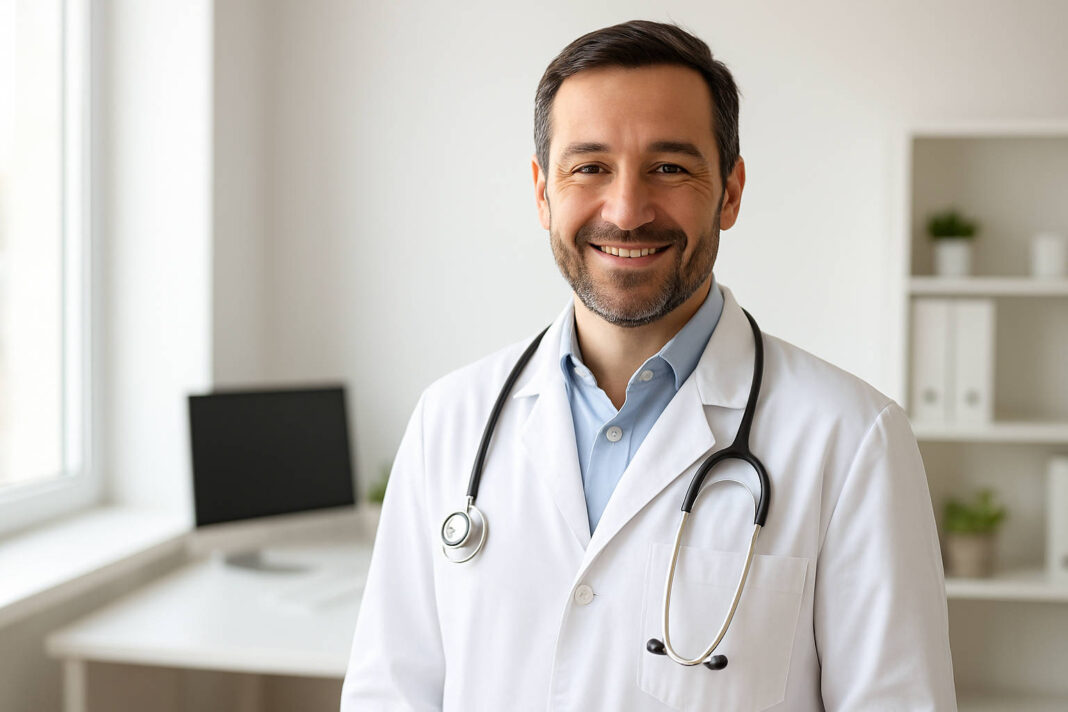 Lekarz rodzinny witający pacjenta w gabinecie ze stetoskopem na szyi