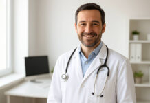 Lekarz rodzinny witający pacjenta w gabinecie ze stetoskopem na szyi