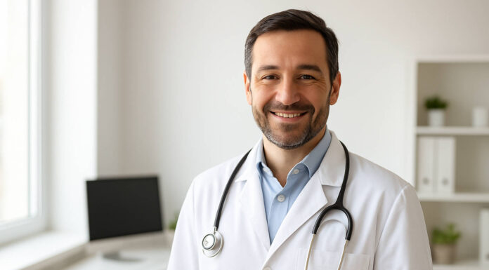 Lekarz rodzinny – jak umówić się na wizytę krok po kroku? Lekarz rodzinny witający pacjenta w gabinecie ze stetoskopem na szyi