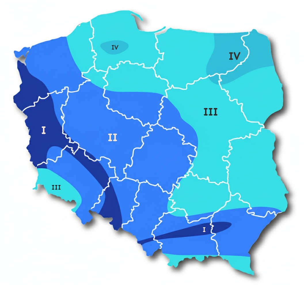 Mapa pylenia w Polsce z podziałem na regiony I, II, III, IV