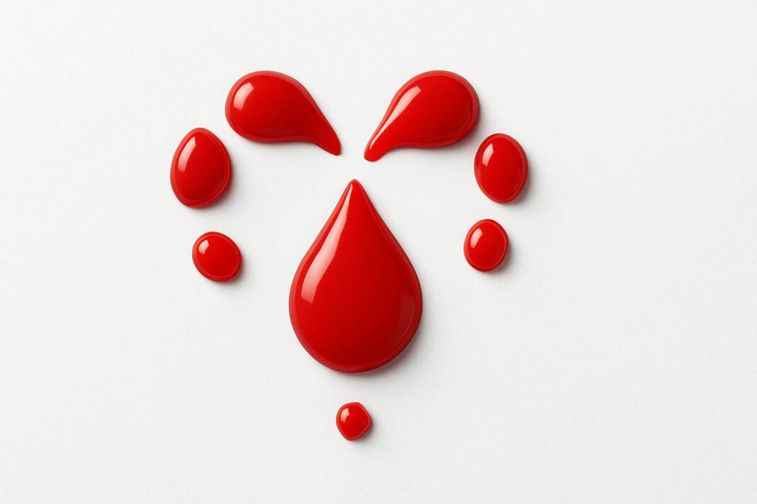 Krople krwi układające się w serce w kontekście krwiodawstwa