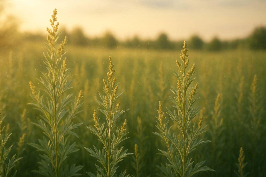 Bylica i jej pyłki, w tle krajobraz polski