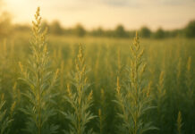 Bylica i jej pyłki, w tle krajobraz polski