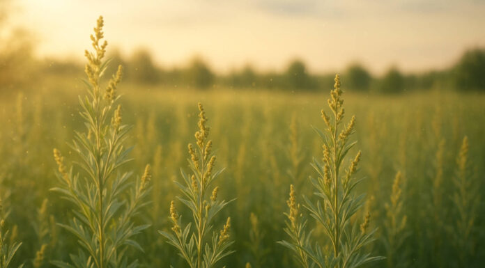Bylica i jej pyłki, w tle krajobraz polski