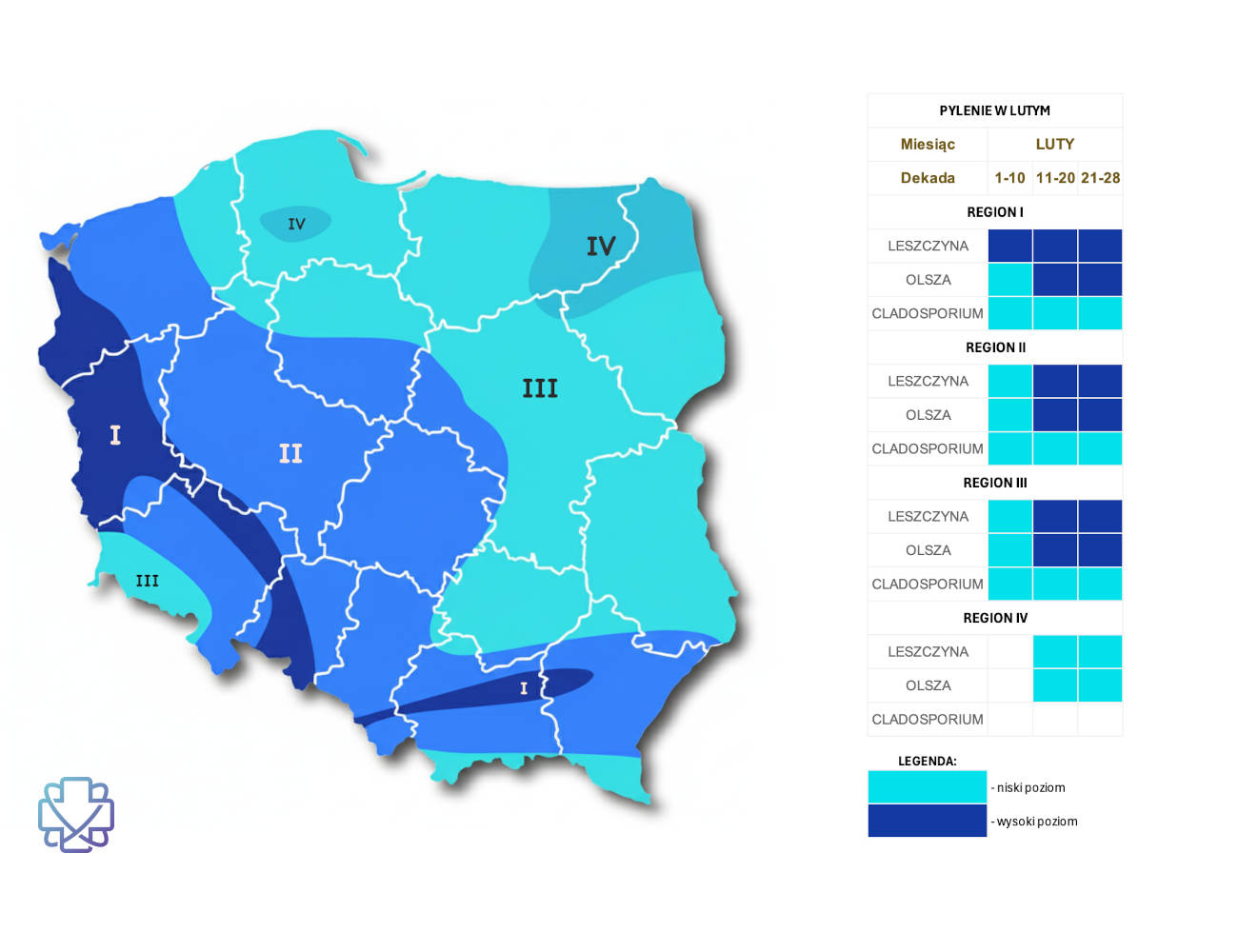 Mapa pylenia w lutym w Polsce. podział na regiony i stężenia konkretnych alergenów