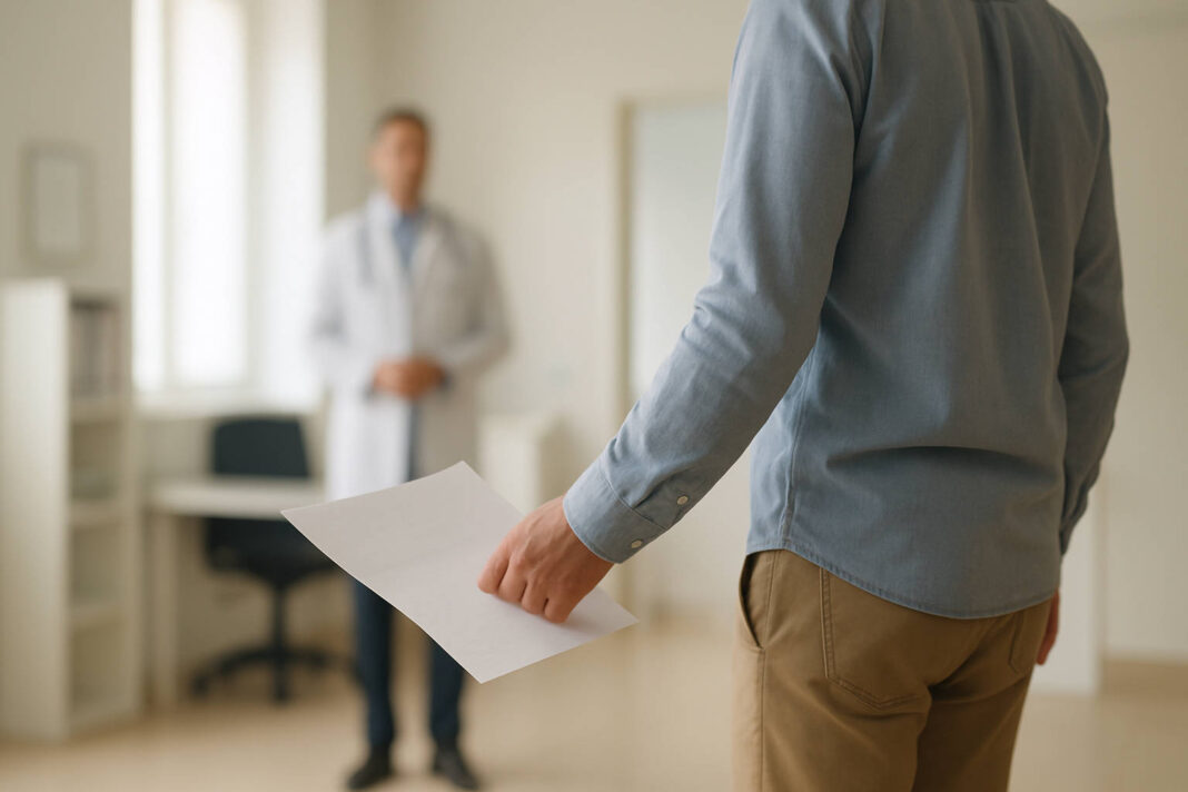 Mężczyzna ze skierowaniem na badania lekarskie w ręce wchodzący do gabinetu