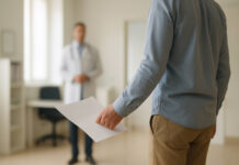 Mężczyzna ze skierowaniem na badania lekarskie w ręce wchodzący do gabinetu