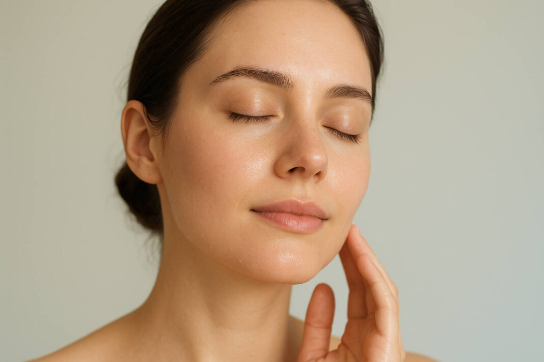 Kobieta dotykająca jędrnej skóry twarzy