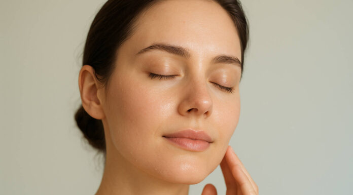 Kobieta dotykająca jędrnej skóry twarzy