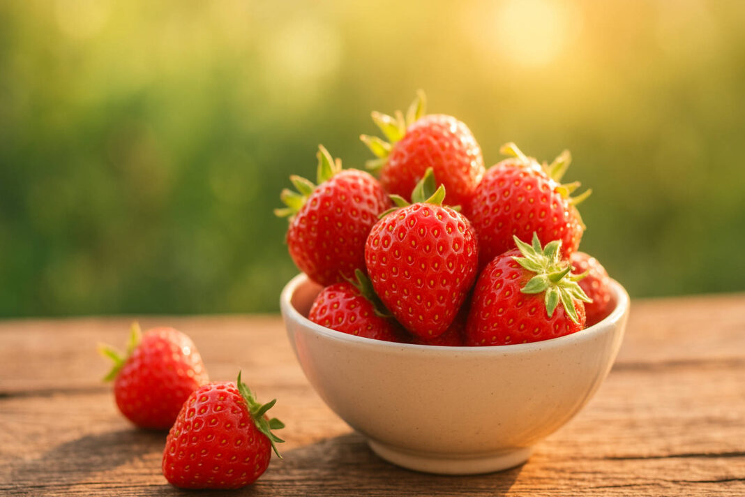 Truskawki w miseczce i na stole