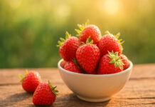 Truskawki w miseczce i na stole