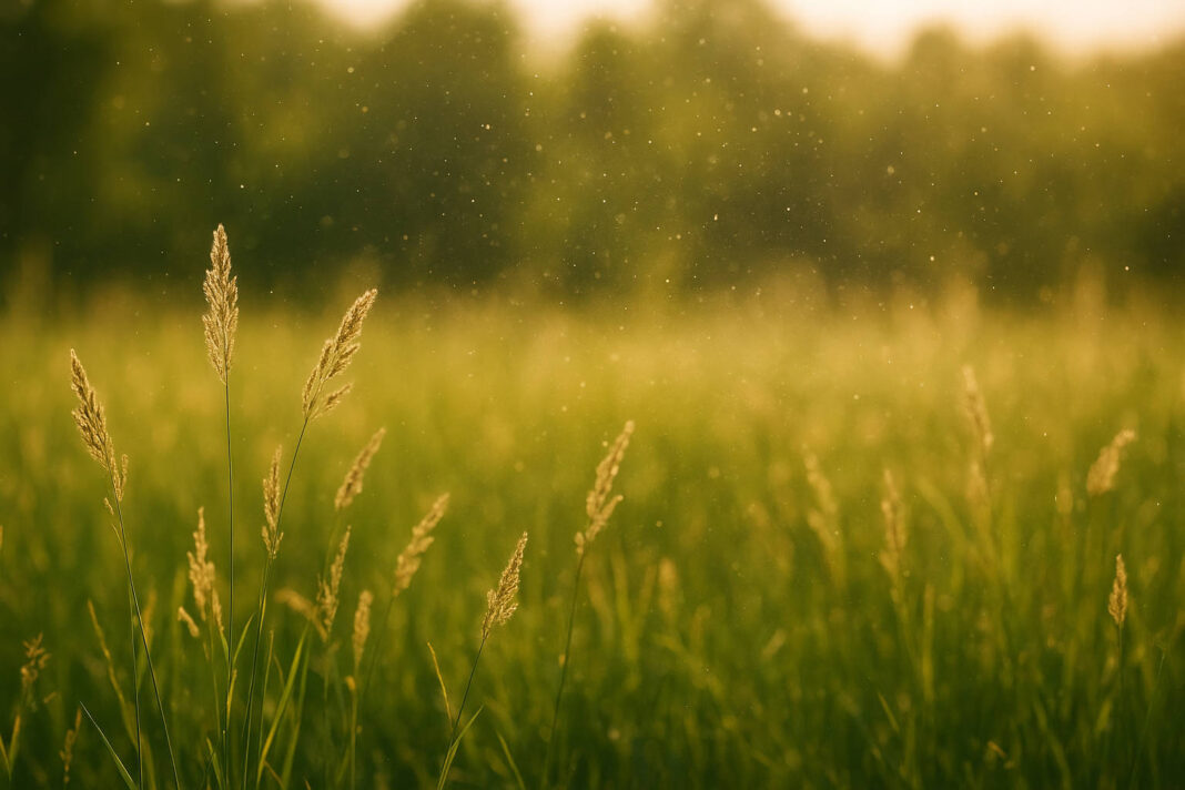 Pyłki traw widoczne nad łąką w ciepłym słońcu