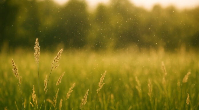 Pyłki traw widoczne nad łąką w ciepłym słońcu