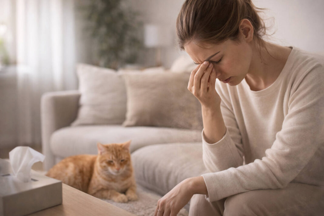 Kobieta z objawami alergii siedząca na kanapie w domu, w tle kot (alergia na zwierzęta)