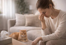 Kobieta z objawami alergii siedząca na kanapie w domu, w tle kot (alergia na zwierzęta)