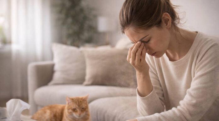 Kobieta z objawami alergii siedząca na kanapie w domu, w tle kot (alergia na zwierzęta)