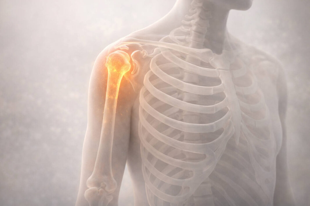 Półprzezroczysta sylwetka edukacyjna z układem kostnym oraz widoczny ból kości w okolicach barku