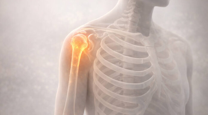 Półprzezroczysta sylwetka edukacyjna z układem kostnym oraz widoczny ból kości w okolicach barku