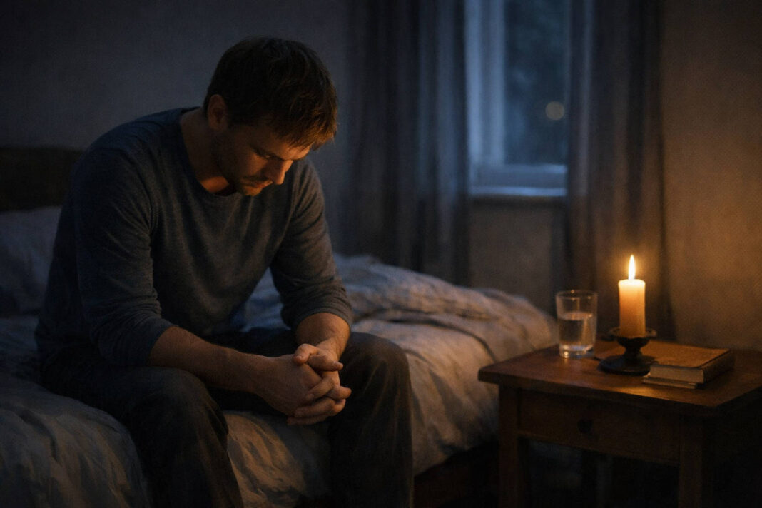 Zmartwiony mężczyzna siedzący na łóżku w kontekście depresji maskowanej