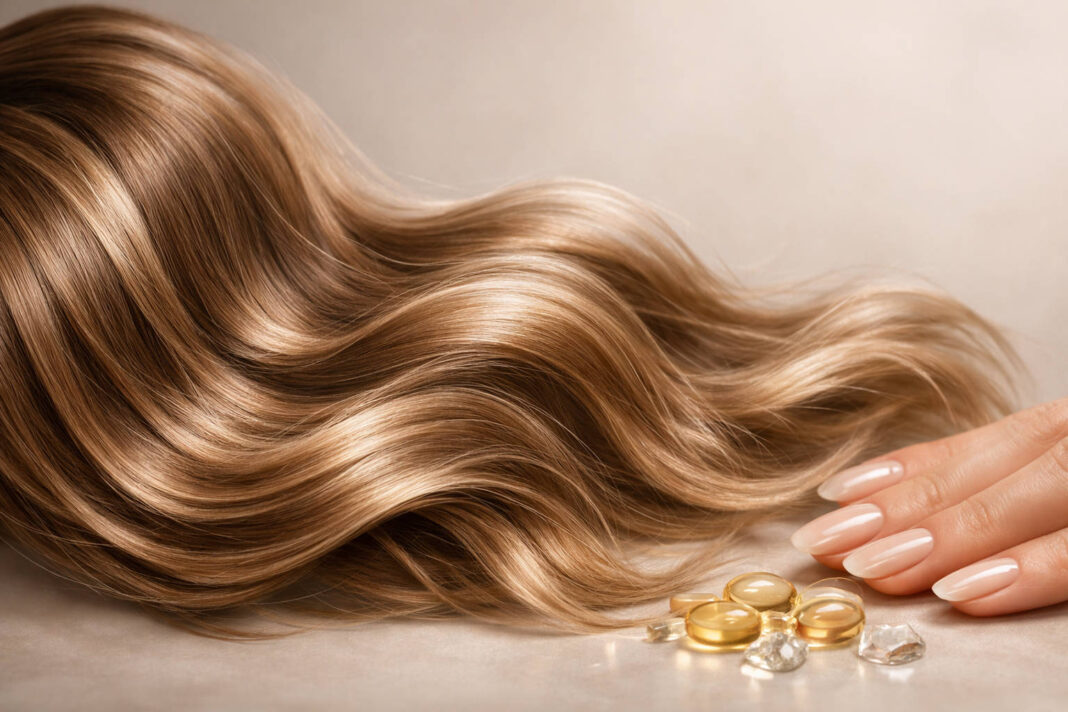 Tabletki keratyny i w tle zdrowe włosy oraz paznokcie