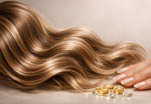 Tabletki keratyny i w tle zdrowe włosy oraz paznokcie